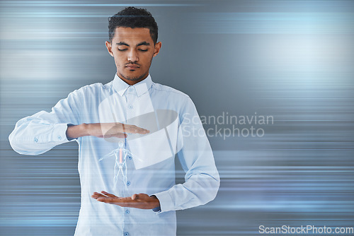 Image of Doctor, body hologram and medical ai graphic with an Indian man holding futuristic hospital data. Mock up, healthcare worker and professional wellness consultant with digital anatomy information