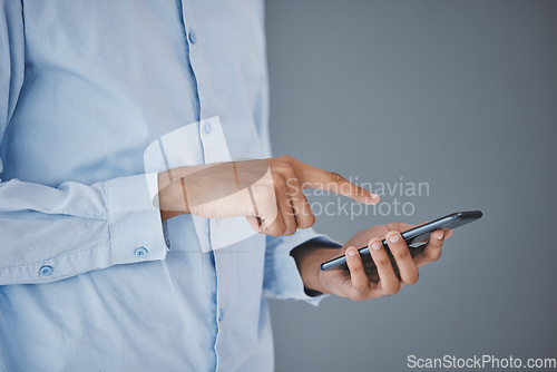 Image of Mockup, phone or financial advisor black man hands for finance, investment review or planning company budget. Search, typing or employee on smartphone for trading, crypto app or stock market growth