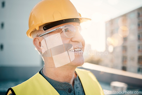 Image of Building, construction and senior man with vision, ideas and thinking of architecture design in city. Engineering, development and face of handyman, maintenance worker and contractor planning goals