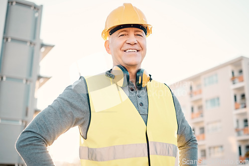 Image of Construction worker, senior man and architecture, renovation and building industry with portrait outdoor. Property development, success and leader with helmet for safety, builder at work site in city