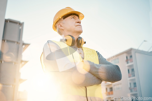 Image of Construction worker, senior man and architecture, leadership mindset with contractor outdoor in city. Renovation, building industry and builder thinking with urban job site and property development