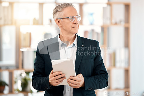 Image of Thinking, tablet and senior man in office for business management, email or financial planning an investment. Investor, broker or executive person for company mindset, mission or career strategy