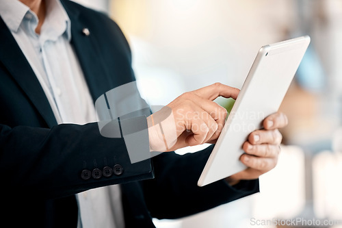 Image of Connection, hands and businessman with a tablet for an email, typing communication and internet. Working, digital and corporate employee with technology for the web, contact and online networking