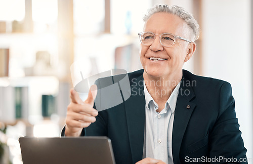 Image of Senior, business man and pointing with laptop in office while working on project online. Computer, planning and happy elderly entrepreneur point while typing, writing or sales research in workplace.