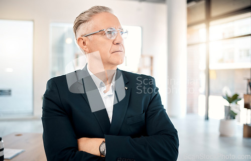 Image of Senior businessman, thinking and vision with arms crossed for corporate idea, strategy or project plan at the office. Elderly male manager or CEO contemplating company finance, mindset or mission