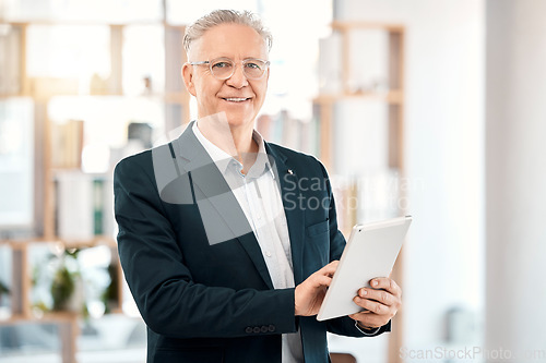 Image of Portrait, tablet and senior business man in office management, accounting or financial planning investment. Investor, broker or executive person for company values, mission and online finance vision