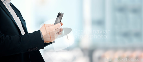 Image of Businessman, phone and hands typing in communication, social media or chatting for corporate idea on mockup. Hand of male manager or CEO texting on smartphone for networking, browsing or conversation