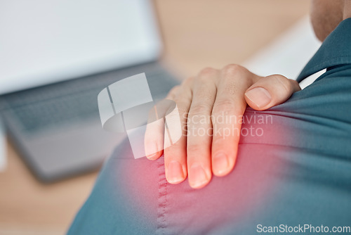 Image of Hand, shoulder pain and closeup with a business man holding his joint while suffering from injury at work. Medical, anatomy or posture and a male employee stuggling with a problem in red highlight