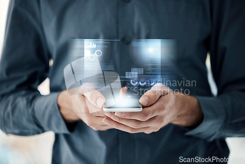 Image of Hands, phone and digital hologram for analytics, data or statistics in future development, IoT or information technology. Hand of person analyst on smartphone with futuristic 3D display or AI app