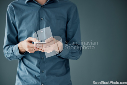 Image of Man hands, phone app and mobile networking of a businessman in a office on web. Online communication, text writing and technology of a social media writer employee with mock up and blurred background