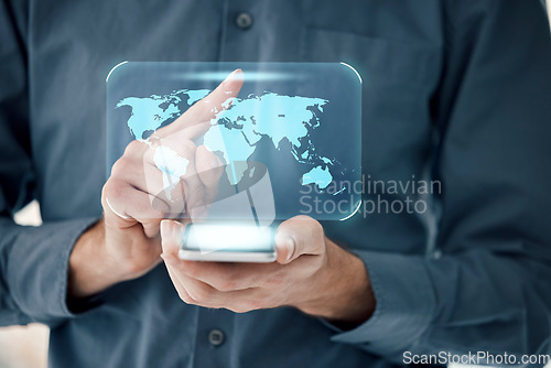 Image of Hands, phone and digital hologram for global communication, networking or virtual world map. Hand of person holding mobile smartphone with 3D display for future, AI or information technology on app