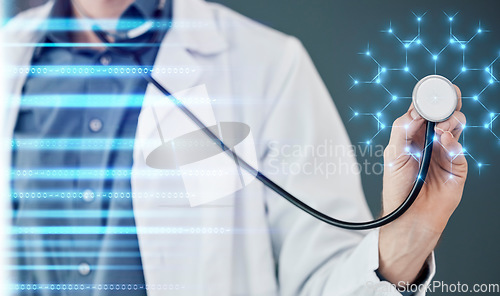 Image of Healthcare, overlay and stethoscope with the hand of a doctor using ai technology for software health. Medical, future and innovation with a male medicine professional working on a ui interface