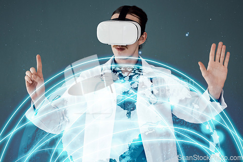 Image of Doctor, vr and 3D hologram for global healthcare, digital help or life insurance against gray studio background. Man medical expert in virtual reality for futuristic development, globe or innovation