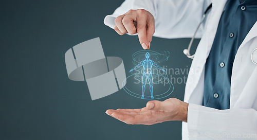 Image of Healthcare, body and doctor hands with a hologram for anatomy, science and human analysis. Digital, research and medical worker with a holographic person for biotechnology on a mockup background