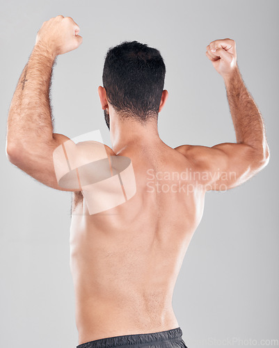 Image of Flexing, muscle and fitness model or man with back strength after training isolated against a studio gray background. Wellness, workout and male person after exercise for body goal and biceps