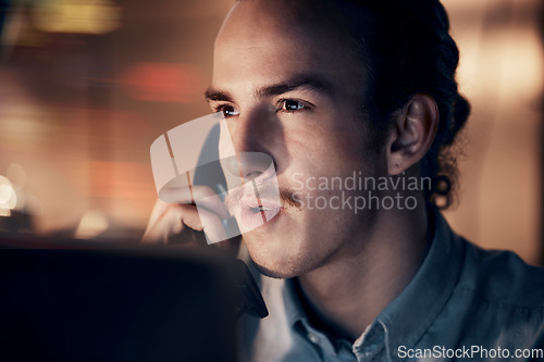 Image of Communication, phone call and business man on telephone talking, chatting or speaking to contact at night. Technology, thinking and male working late while networking, discussion or conversation.