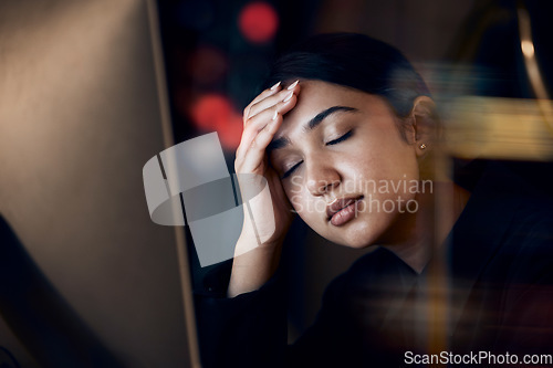 Image of Stress, headache and tired business woman at night working on project, report and strategy deadline. Burnout, overlay and female worker on computer in dark office frustrated, fatigue and depressed