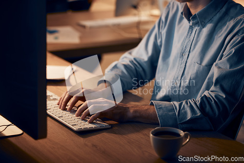 Image of Hands, businessman and computer typing at night for planning, data analysis and internet. Closeup of keyboard, desktop technology and worker at table in dark office for seo research, website or email