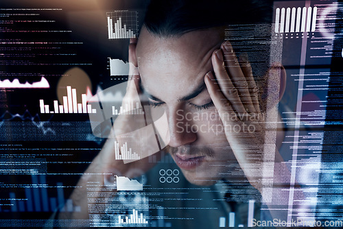 Image of Headache, night or overlay man programmer with hologram charts, futuristic information or 404 error anxiety. Stress, mental health or sad developer with tech for depression, burnout or work deadline