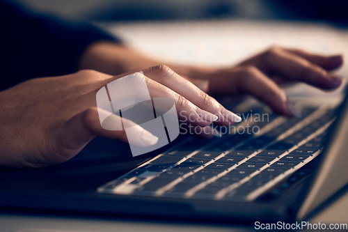 Image of Laptop, hands and business woman typing in office, working on email or project online. Technology, computer keyboard or female professional writing reports, planning or internet research in workplace