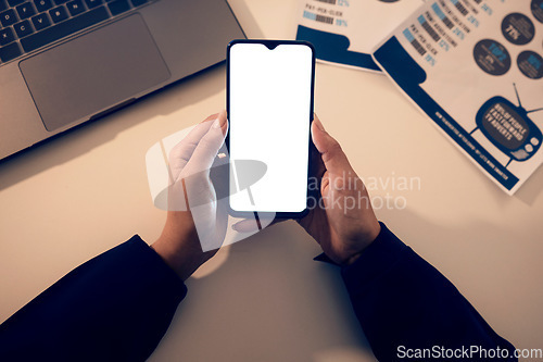 Image of Top view, hands and woman with phone mock up in office for branding, web browsing or social media. Technology, screen mockup and female employee with smartphone for marketing or advertising at night.