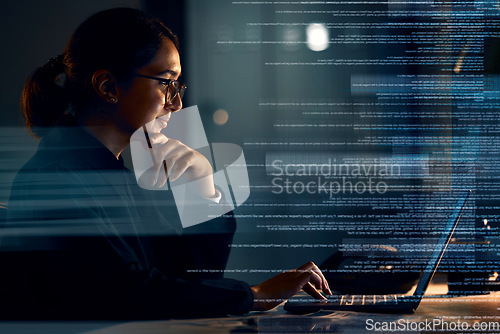 Image of Programming, coding and thinking with woman at laptop with hologram overlay for software, idea and digital at night. Data analytics, technology and future with employee for media, database and matrix