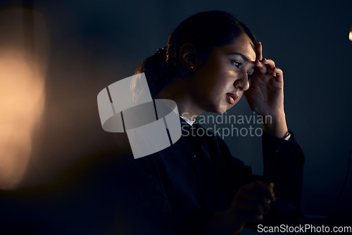 Image of Burnout, stress and business woman at night working on computer for project, report and strategy deadline. Thinking, mental health and female worker in dark office frustrated, tired and overworked