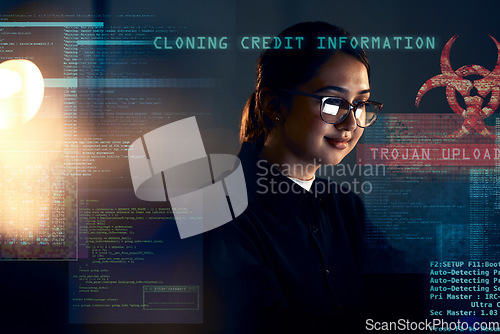 Image of Cyber security, hacker and night with woman and coding for software, digital transformation and phishing. Cloud computing, matrix and website with programmer for password, technology or data hacking