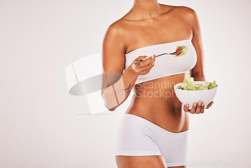 Image of Salad, beauty and body of woman isolated on a white background diet, lose weight and healthy food promotion. Green vegetables, fitness and model person in underwear for detox results in studio mockup