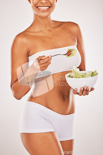 Image of Salad, happy and body of woman isolated on a white background diet, lose weight and healthy food promotion. Green vegetables, fitness and model person in underwear for detox beauty in studio mockup