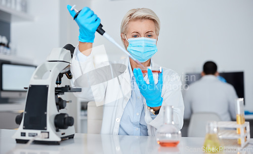 Image of Woman, doctor and micro pipette for vaccine experiment, sample or tube testing in scientific research or exam in lab. Female scientist or medical expert working with chemicals in science laboratory