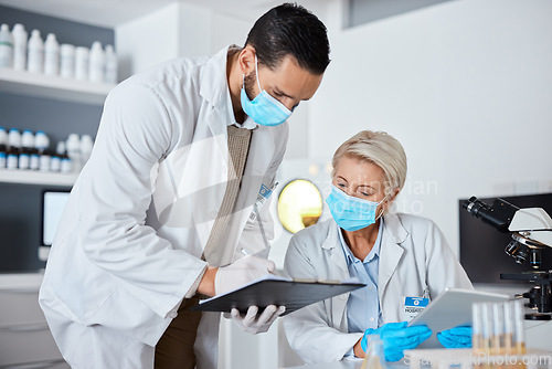 Image of Science, paperwork and people medical mask in laboratory compliance, safety or virus data analysis in teamwork. Vaccine, medicine and pharmaceutical development documents or checklist of scientist