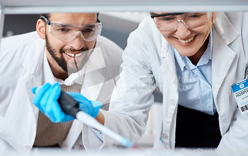 Image of Scientist, lab and happy workers in a lab with dna sample work and data analysis with success. Team research, happiness and science biotechnology in a laboratory working on clinic experiment