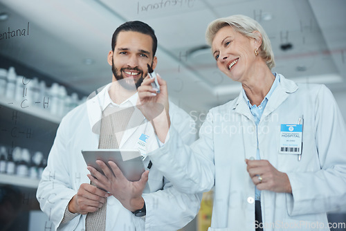 Image of Science, coaching and woman with man brainstorming, writing on glass in lab with innovation and analytics. Happy scientist in laboratory, research idea and strategy with vision in future vaccine data