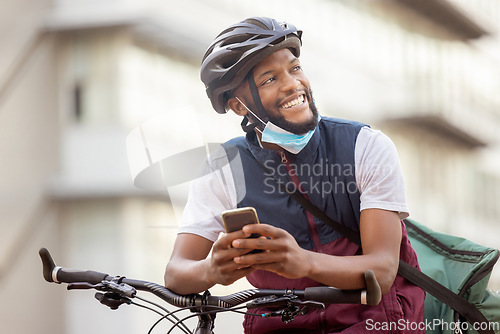 Image of Courier service, delivery and black man with smartphone, shipping app with happy employee outdoor. Eco friendly travel, outdoor and communication with ecommerce and bike, retail and distribution