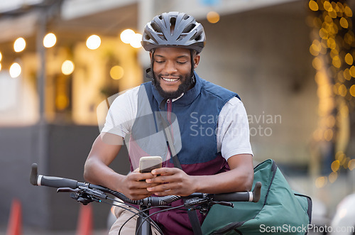 Image of Bicycle, delivery and black man phone for courier services, fintech and ecommerce location, chat app and city transport. Smartphone, 5g technology and logistics driver with bag for fast online order