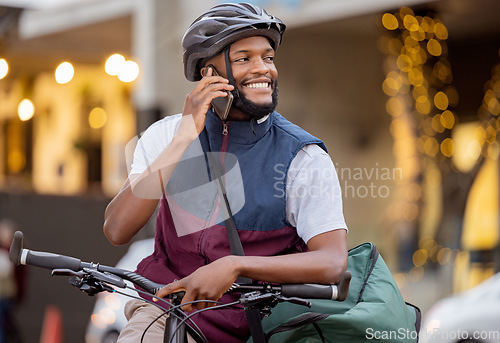 Image of Bicycle, food delivery man and phone call in courier services, ecommerce communication and city transport. Urban, logistics and black person talking on smartphone, business networking and bike travel