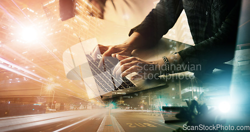 Image of Laptop, planning and hands with city overlay or double exposure for civil engineering project management. Typing, software and information technology person or worker with urban development at night