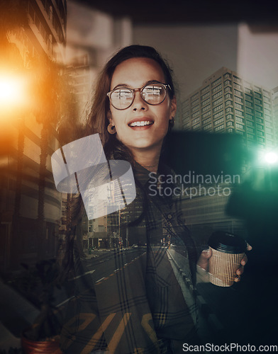 Image of Overlay, businesswoman and holding coffee smile, happy and excited by startup company in a city. Young, professional and futuristic female with a positive mindset in the night, late and evening