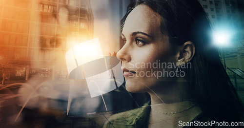 Image of Business woman is thinking, face with vision and urban double exposure, professional mindset and idea. Thoughtful, mindfulness and corporate female, career in city with overlay and motivation