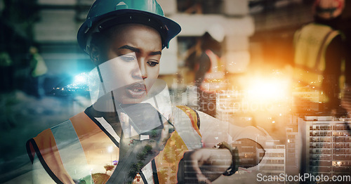 Image of Engineering, black woman and phone with city overlay for time management communication and development. Civil engineer, technician or construction leader with safety helmet for future architecture
