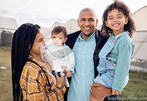 Image of Mother, dad and children in portrait at farm, outdoor and happy for baby kid, growth and sustainable small business. Black family, kids and smile for farming sustainability with love by greenhouse