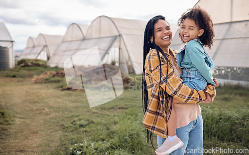 Image of Farming, mother and kids laughing on field for sustainability, growth and eco environment, Agriculture of happy black family, mom and children in garden, sustainable countryside and smile in nature