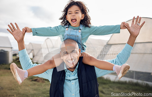 Image of Farm, agriculture and father with girl with comic, crazy and funny face for bond, farming and relax in countryside. Family, sustainability and dad with daughter smile for adventure, freedom and happy