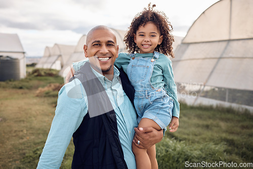 Image of Agriculture, farm and portrait of father with girl enjoy quality time, bond and adventure in countryside field. Family, sustainable farming and farmer dad and child smile, happy and relax in nature