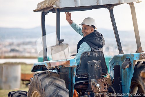 Image of Wave, greeting and man on a tractor for farming, agriculture work and working on a field in Spain. Happy, communication and farmer driving machine and waving for ecology and sustainability in nature