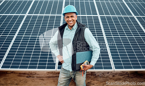 Image of Solar panels, man and portrait of engineering for industry, sustainability and electricity grid. Happy technician, manager and renewable energy of construction, future architecture and sun innovation