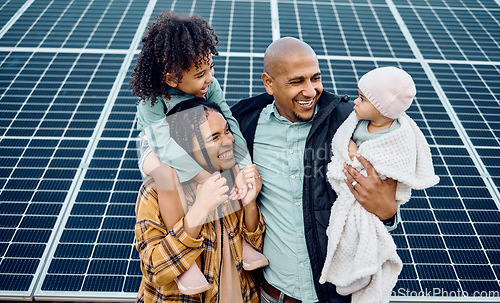 Image of Black family, children or renewable energy with parents and daughter siblings on a farm together for sustainability. Kids, love or electricity with man and woman girls bonding outdoor for agriculture