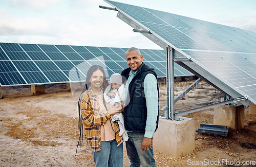 Image of Black family, children or solar energy with a baby, mother and father on a farm together for sustainability. Kids, love or electricity with man, woman and girl infant bonding outdoor for agriculture