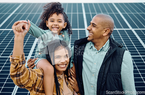 Image of Black family, children or solar energy with a mother, father and daughter on a farm together for sustainability. Kids, love or electricity with a man, woman and girl bonding outdoor for agriculture